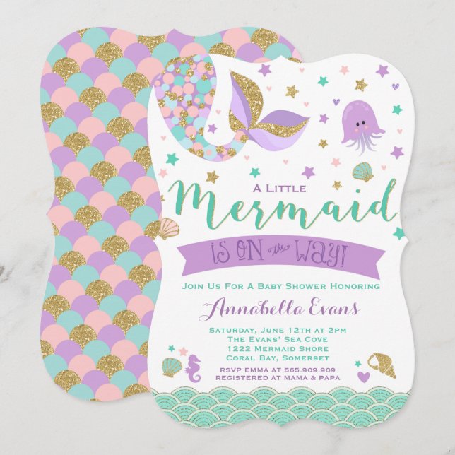 Invitation Or pourpre turquoise d'invitation de baby shower (Devant / Derrière)