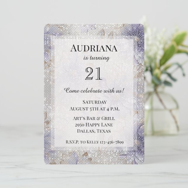Invitation Or Purple Blanc Flore Éperche Anniversaire (Debout devant)