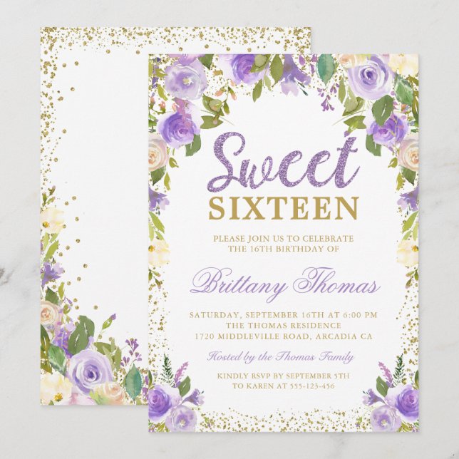 Invitation Or Purple Sweet sixteen Floral 16 Anniversaire (Devant / Derrière)