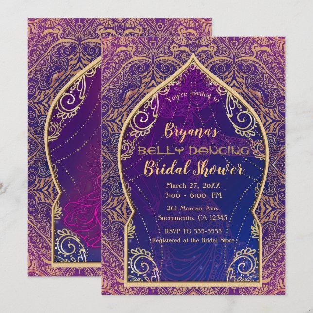 Invitation Or Purpule Mariage Marocain Danse du Ventre Shower (Devant / Derrière)