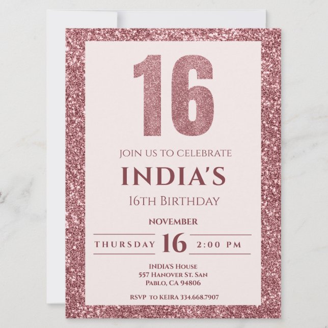 Invitation or rose 16e anniversaire (Devant)