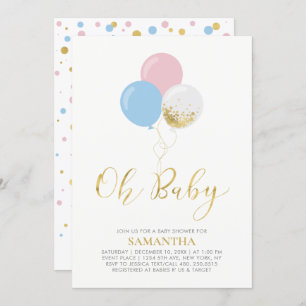 Invitation Or, rose, Ballons Bleus   Oh Baby shower bébé