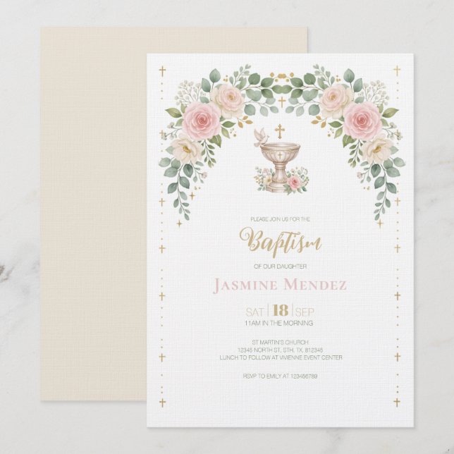Invitation Or Rose Beige Colombe Fleurie Baptême de Fille  (Devant / Derrière)