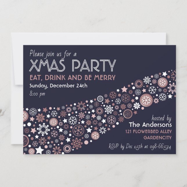 Invitation Or rose blanc bleu Hiver flocon Noël Party (Devant)