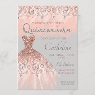 Invitation Or rose d'invitation de Quinceanera, 15ème