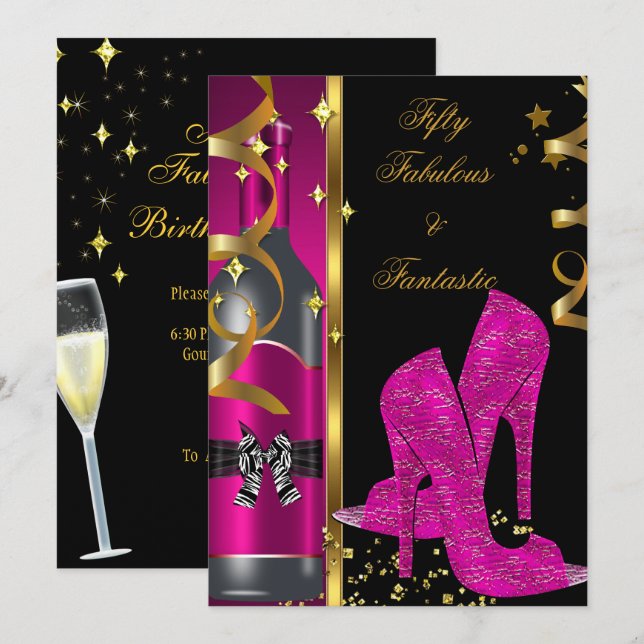 Invitation Or Rose Doré 50 & Fabuleux Fantastique Anniversair (Devant / Derrière)