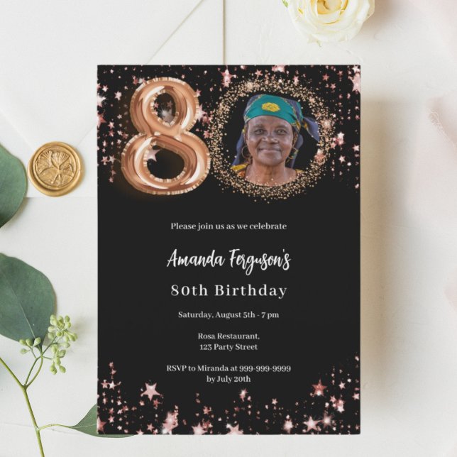 Invitation Or rose doré photo étoiles 80e anniversaire luxe (Créateur téléchargé)