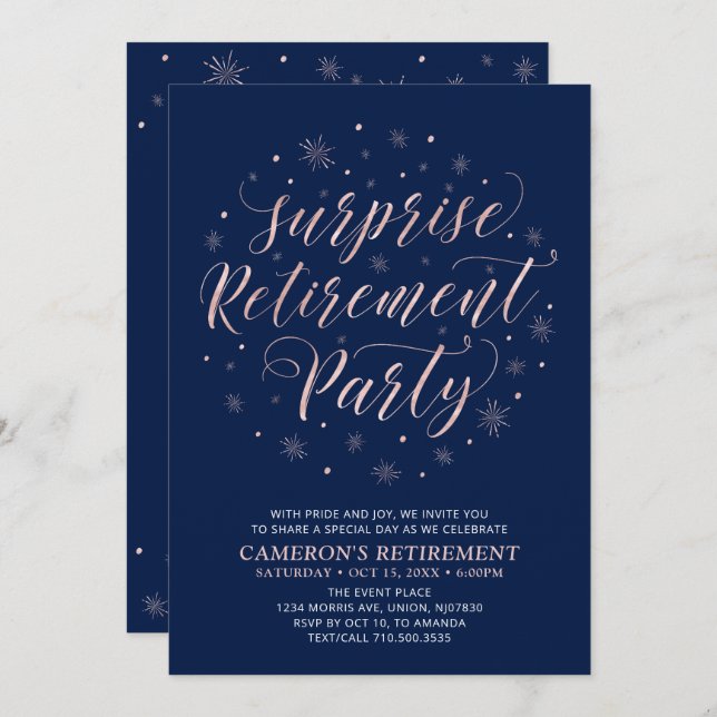 Invitation or rose et bleu marine | Parti de retraite surpris (Devant / Derrière)