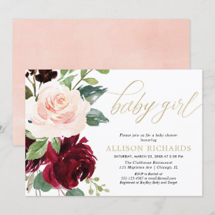 Invitation Or rose et bordeaux baby shower de fille à fleurs