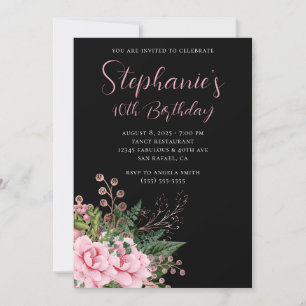Invitation Or rose et Rose Floral 40e anniversaire Noir