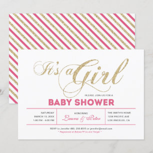 Invitation Or & Rose   Fille, typographie chic pour Baby Show