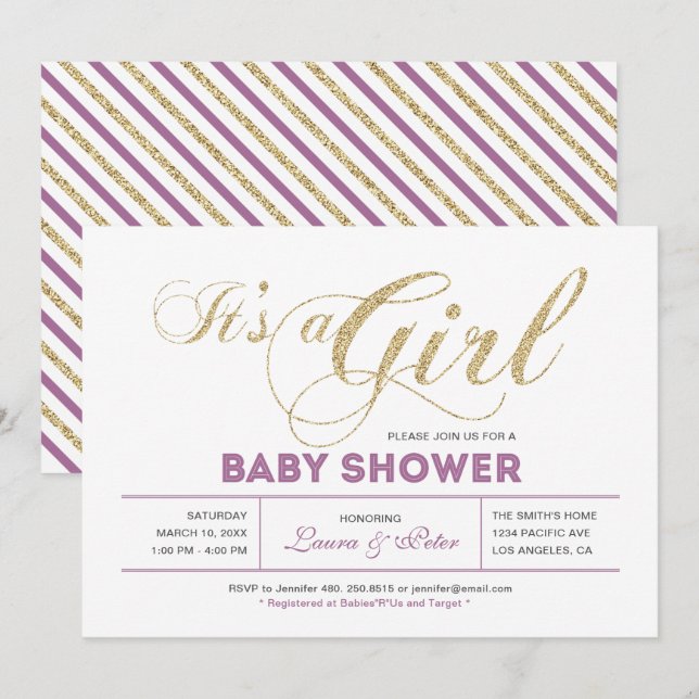 Invitation Or & Rose | Fille, typographie chic pour Baby Show (Devant / Derrière)
