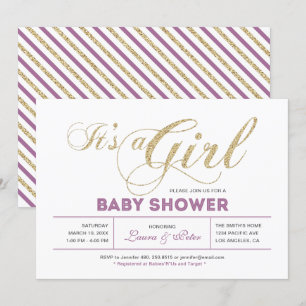 Invitation Or & Rose   Fille, typographie chic pour Baby Show