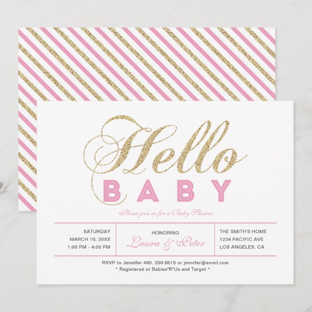 Invitation Or & Rose | Fille, Typographie Moderne pour une Ba (Devant / Derrière)