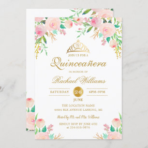 Invitation Or rose Floral Tiara Quinceañera 15e anniversaire