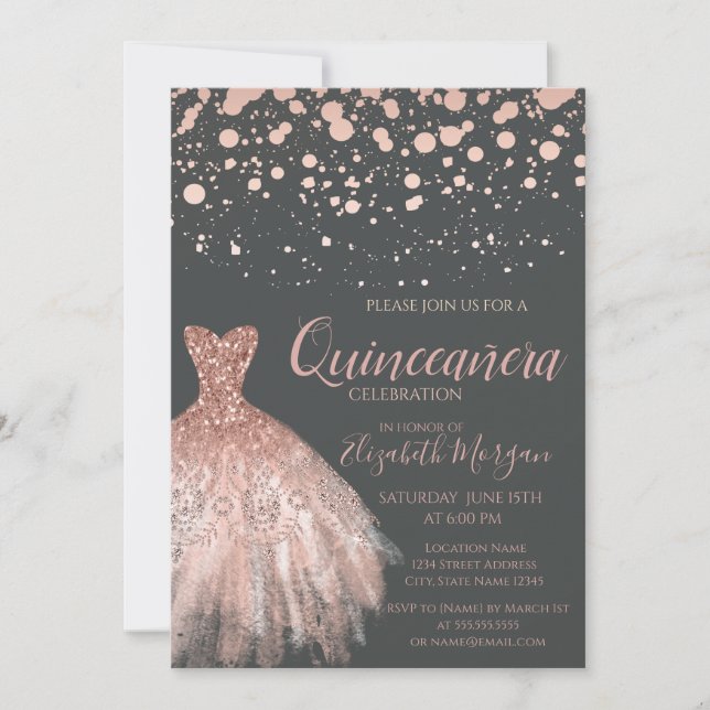 Invitation Or rose gold moderne, Robe grise  Quinceañera (Devant)