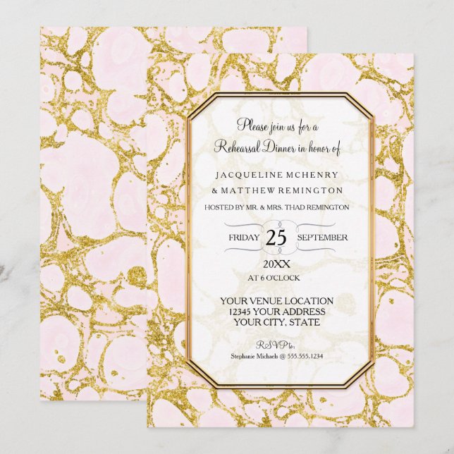 Invitation Or rose marbré par dîner de papier de marbre de (Devant / Derrière)