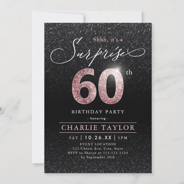 Invitation Or rose moderne noir surprise 60e anniversaire (Devant)