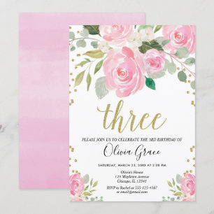 Invitation Or rose pâle 3e anniversaire floral fille annivers