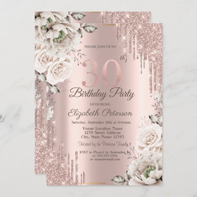 Invitation Or rose, Parties scintillant, Fleurs blanches 30e (Devant / Derrière)