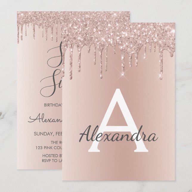 Invitation Or rose - Sweet sixteen Parties scintillant rose A (Devant / Derrière)