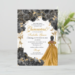 Invitation Or Roses Noires Papillon Paillettes Quinceañera