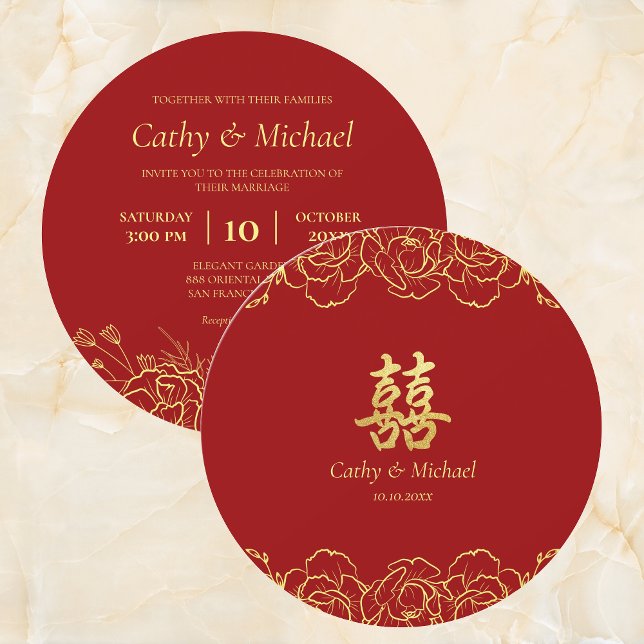 Invitation Or rouge bordure florale mariage chinois double xi (Créateur téléchargé)