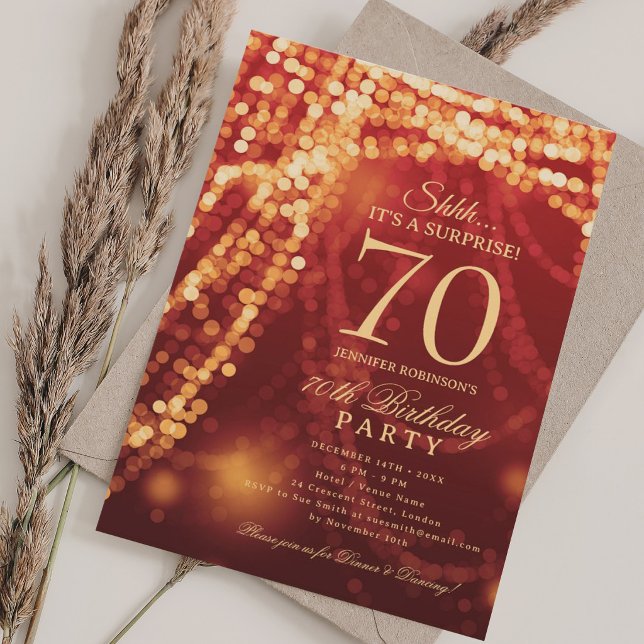 Invitation Or & Rouge | Fête surprise pour 70e anniversaire  (Gold & Red | Surprise 70th Birthday Party Invitation)