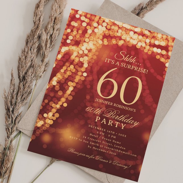 Invitation Or & Rouge | Soirée surprise pour 60 ans  (Gold & Red | Surprise 60th Birthday Party Invitation)
