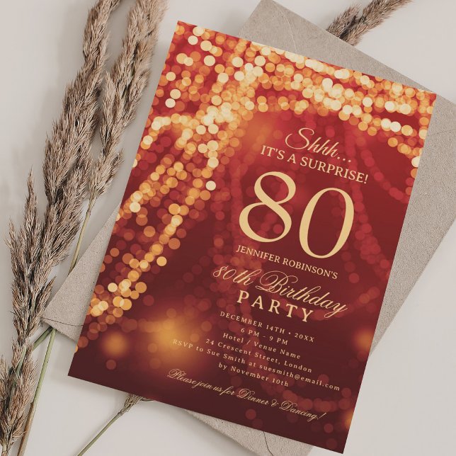 Invitation Or & Rouge | Surprise pour les 80 ans  (Gold & Red | Surprise 80th Birthday Party Invitation)