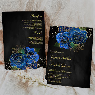 Invitation Or Royal Bleu Floral Combinaison Noire de Mariage