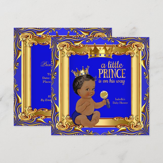 Invitation Or Royal Bleu Prince Fête de Naissance Ethnique (Devant / Derrière)