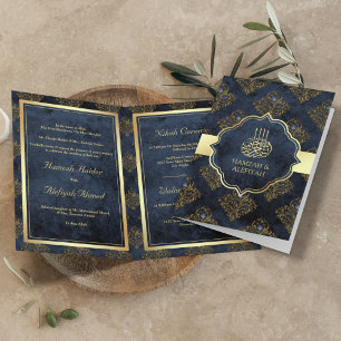Invitation Or Rus Rustique Bleu Marine Damassé Mariage Musulm