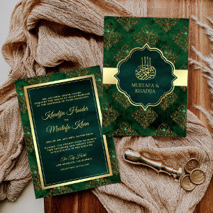 Invitation Or Russtique Émeraude Vert Damassé Mariage Musulma