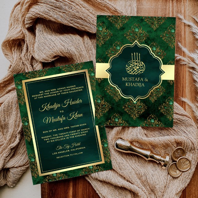 Invitation Or Russtique Émeraude Vert Damassé Mariage Musulma (Créateur téléchargé)
