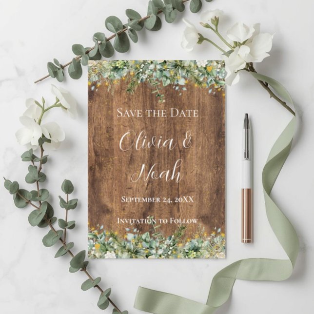 Invitation Or Rustique Eucalyptus & Floral Blanc Bois STD (Créateur téléchargé)
