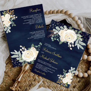 Invitation Or rustique ivoire floral tout-en-un mariage marin