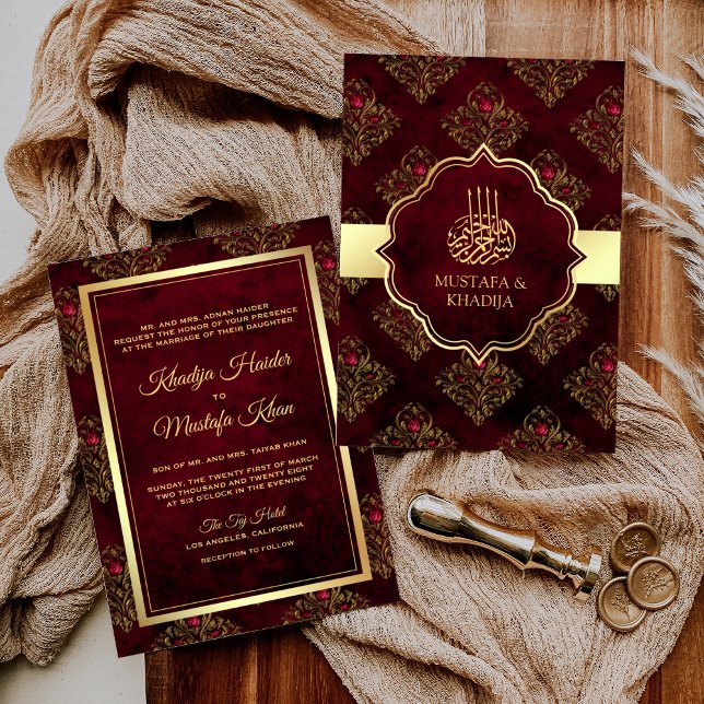 Invitation Or Rustique Rouge Marron Damassé Mariage Musulman (Créateur téléchargé)