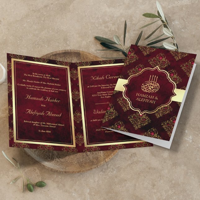 Invitation Or Rustique Rouge Marron Damassé Mariage Musulman (Créateur téléchargé)