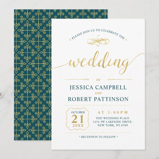 Invitation Or & Sarcelle | Cérémonie de mariage élégante clas (Devant / Derrière)