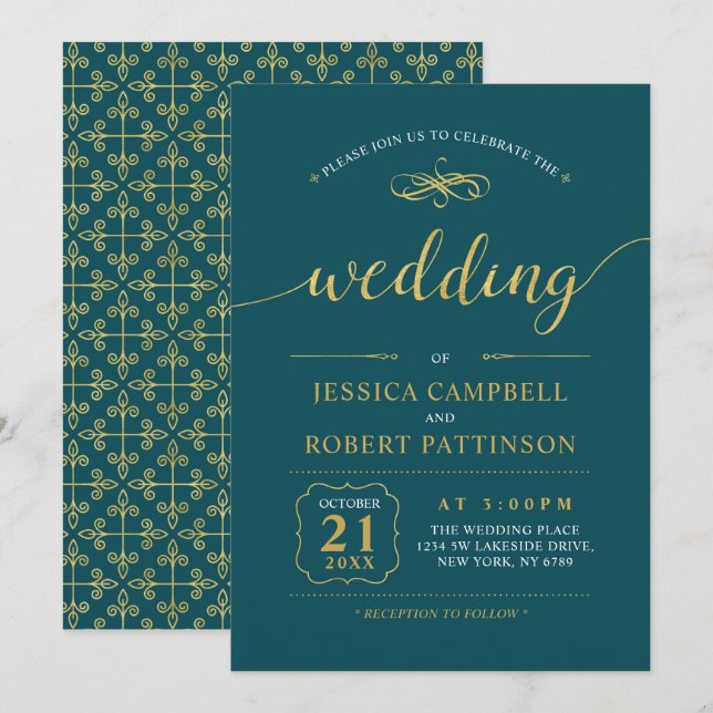 Invitation Or & Sarcelle | Cérémonie de mariage élégante clas (Devant / Derrière)