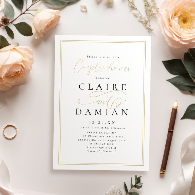 Invitation Or simple élégante romantique script couples douch (Gold simple eleganc romantic script couples shower invitation)