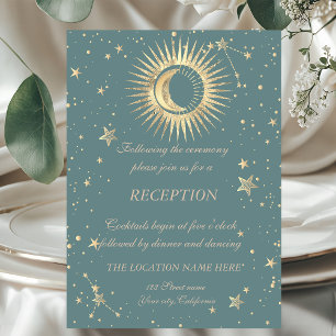 Invitation Or Soleil Céleste Et Lune Étoiles Vert Menthe