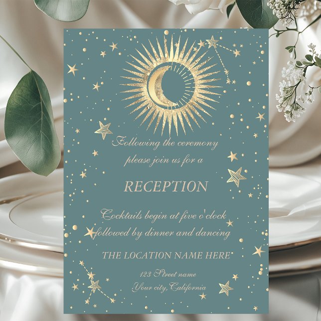 Invitation Or Soleil Céleste Et Lune Étoiles Vert Menthe (Créateur téléchargé)