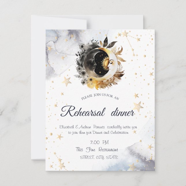 Invitation Or Soleil Céleste Fleurs de Lune et d'Étoiles (Devant)