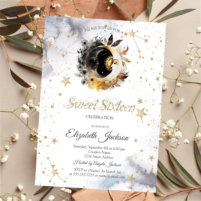 Invitation Or Soleil Céleste, Lune, Fleurs et Étoiles Douce 1 (Créateur téléchargé)