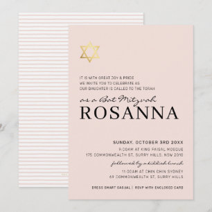 Invitation OR STAR Bat mitzvah moderne minimaliste rose pâle