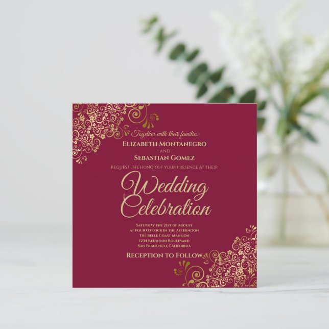 Invitation Or sur Mariage Carré Simple Élégant Marron (Debout devant)