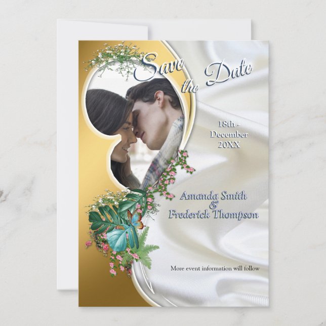 Invitation Or sur soie blanche avec splendeur tropicale (Devant)