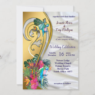 Invitation Or sur soie blanche avec splendeur tropicale